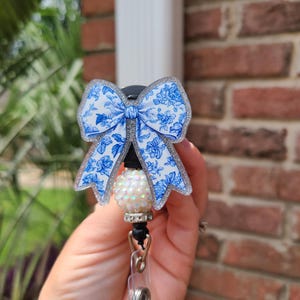 blue floral bow badge reel | Coquette Ribbon glitter ID holder | nurse badge reel