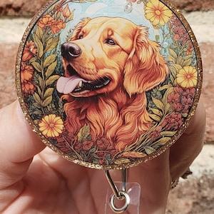 Golden Retriever Badge Reel: Glitter Handmade Retractable ID Holder