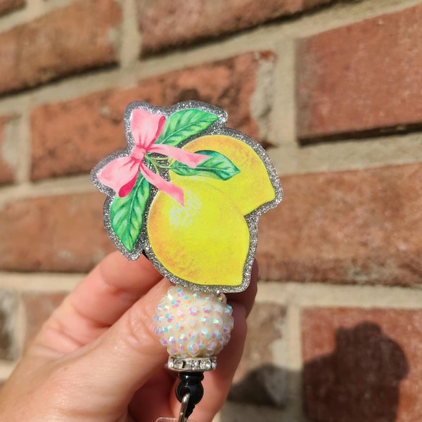 Lemon bow preppy handmade retractable ID badge reel teacher nurse badge reel