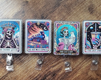 Tarot card badge reel last straw, cat lady, drama queen, hot mess express handmade retractable ID badge reel nurse badge reel