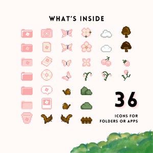 May include: A collection of 36 pixelated icons in pink, brown, and green, including folders, a camera, butterflies, flowers, clouds, and trees. Text at the top reads "WHAT'S INSIDE" and at the bottom "ICONS FOR FOLDERS OR APPS."