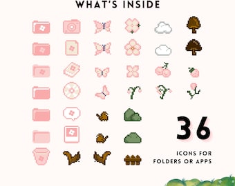 May include: An image featuring 36 pixelated icons in shades of pink, brown, and green, such as folders, a camera, butterflies, flowers, clouds, and trees. The text reads "WHAT'S INSIDE" and "ICONS FOR FOLDERS OR APPS".