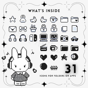 May include: A set of 31 black and white pixel art icons for folders or apps. The icons include a bunny rabbit, a star, a heart, a lock, a folder, a camera, a computer, a pair of headphones, a gift, a plant, a coffee cup, a file, a pair of glasses, a movie reel, an 8-ball, and more.