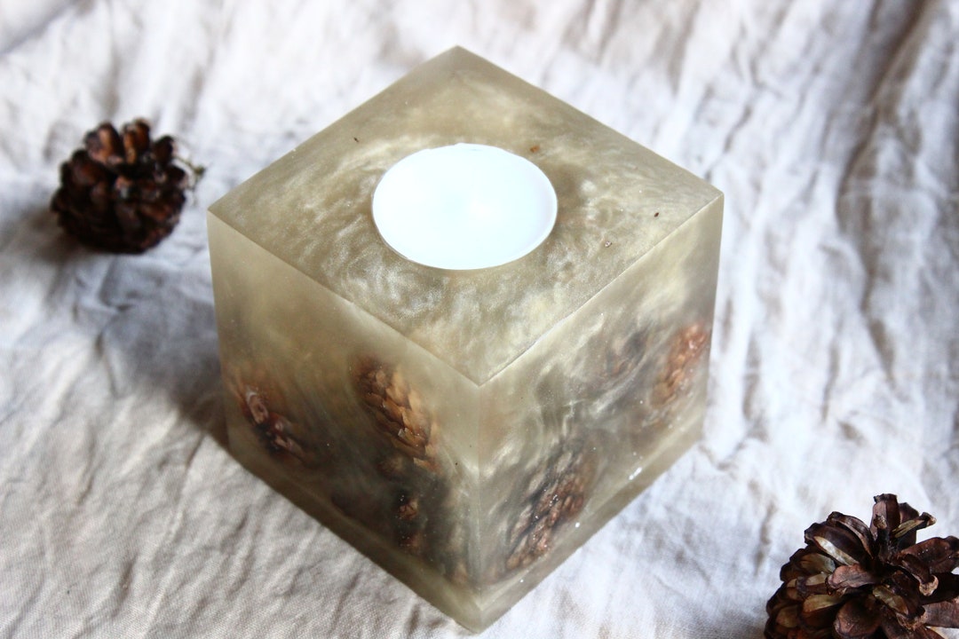 Epoxy Resin Tealight Holder With Subtle Gold Glitter Streaks and Real