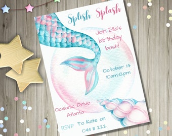 Mermaid Invitation, Digital Invitation, mermaid Birthday Invitation, Mermaid Invitation, Mermaid Invite, Personalised Invite, Splish Splash