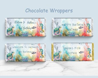Chocolate Wrappers to Print Editable,Under the Sea Three Chocolate Label, Sea Theme Chocolate Wrapper, Party Favor, Thank You Gift