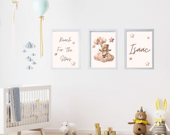 Conjunto de 3 estampas de ursinho de pelúcia, decoração de berçário de urso, decoração de parede de berçário, novo bebê imprimível, pôster de berçário neutro, impressão de berçário com nome marrom