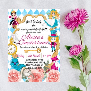 Alice in Wonderland Invitation Template, Alice in Onederland 1st Birthday Invite, Mad Hatter, Tea Party, EDITABLE Printable Instant Download