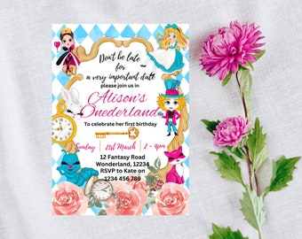 May include: Alice in Wonderland themed birthday party invitation with a blue and white checkered background. The invitation features illustrations of Alice, the Mad Hatter, the White Rabbit, and the Cheshire Cat. The text reads "Don't be late for a very important date, please join us in Alison's Onederland to celebrate her first birthday. Sunday, 21st March, 2-4pm, 12 Fantasy Road, Wonderland, 12234, RSVP to Kate on 1234 456 789."