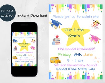 Preschool Graduation Invitation Template, Pre-K Kindergarten Class Graduation Announcement, Graduation Ceremony Invite Evite Editable