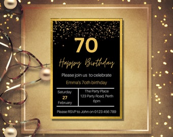 Black and Gold Photo Invitation Template - Any Age - Digital Instant ...