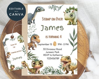 Invitación de cumpleaños de dinosaurios para niños, cumpleaños de niño, invitaciones de dinosaurios, invitación de cumpleaños de niños de Stomp on Over Invite, plantilla de fiesta de dinosaurios