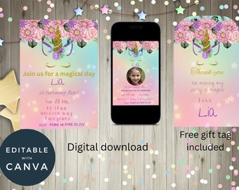 May include: A digital download invitation for a unicorn-themed birthday party. The invitation features a unicorn with a rainbow background and stars. The text on the invitation reads "Join us for a magical day Lia is turning five! Sun 28 AUG at 10am Unicorn Way Fairyland RSVP Kellie on 0900 111 222". A free gift tag is included with the invitation.