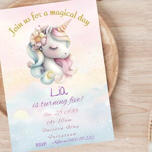 Unicorn Digital Invitation, Editable Birthday Invite for Girls, Rainbow Theme, Instant Download, Printable Template