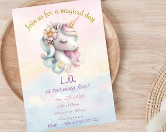 May include: A pink and blue invitation with a unicorn illustration. The invitation reads "Join us for a magical day Lia is turning five! Sun 28 AUG At 10am Unicorn Way Fairyland RSVP Kollie on 0400 111 222"