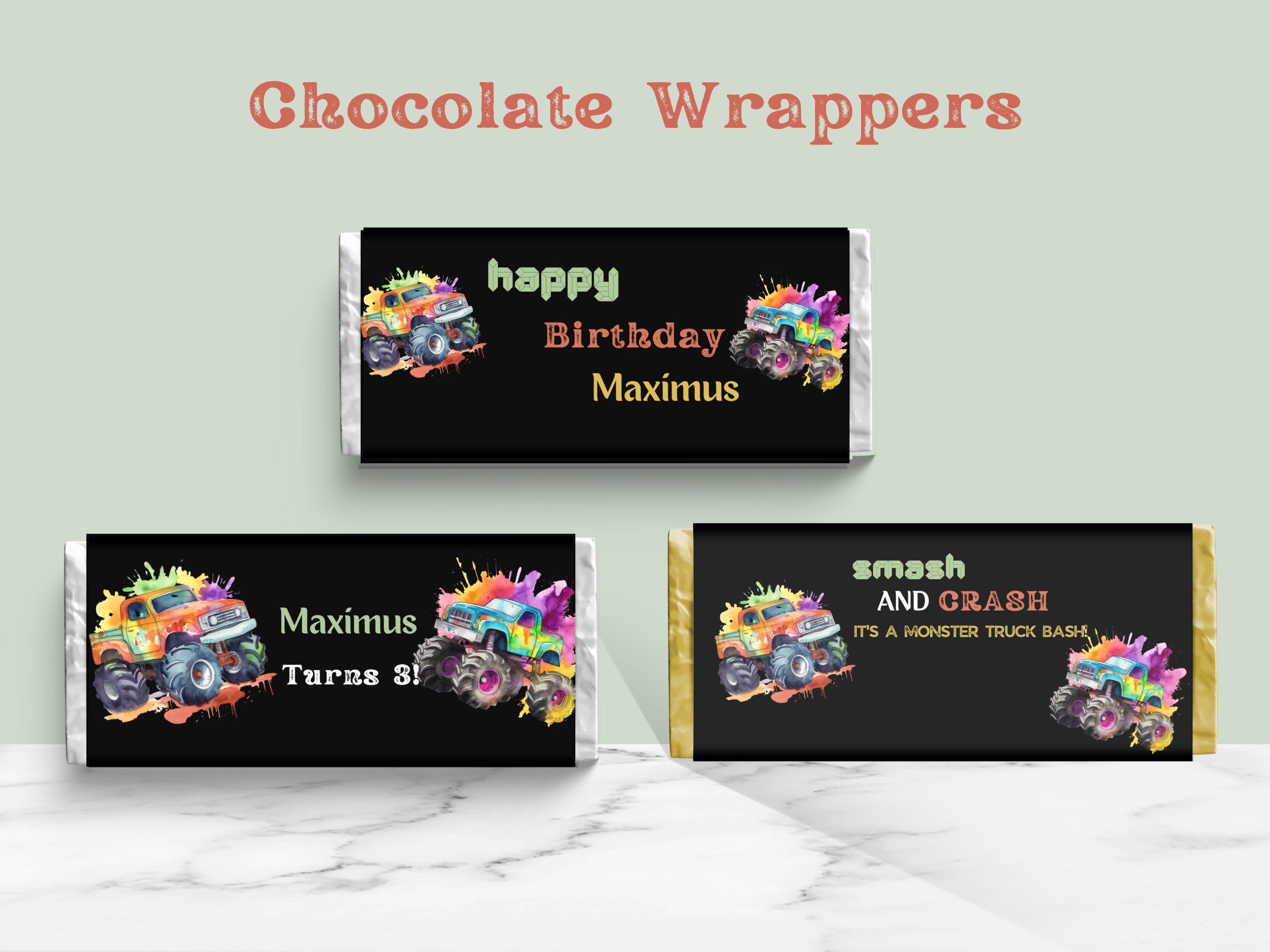 Chocolate Wrappers to Print Editable, Monster Truck Chocolate Label, Smash Crash Chocolate Wrapper, Party Favor, Thank You Gift, Trucks
