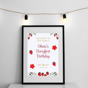 Erster Geburtstag Willkommensschild | Mädchen 1. Geburtstag | Beere Erster Geburtstag | Erdbeer-Geburtstag| Druckbare Sofort Download | Bearbeitbares Zeichen