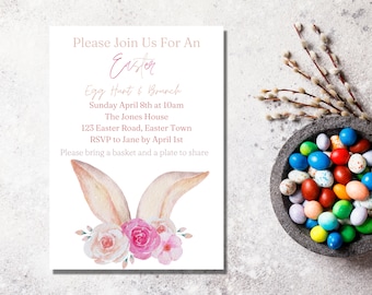 Easter Egg Hunt Brunch Invitation Bunny Easter Party Invite Rabbit Floral Spring Pink Editable Printable Download
