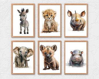 May include: Set of six watercolor illustrations of baby animals from the African savanna. The illustrations feature a zebra, cheetah, rhinoceros, elephant, hyena, and hippopotamus. Each animal is depicted in a cute and playful style, with soft colors and delicate details.