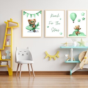 Set of 3 Teddy Bear Print, Bear Nursery Decor, Nursery Wall Decor, New Baby Printable, Green Nursery Poster, Green Aircraft Nursery Print