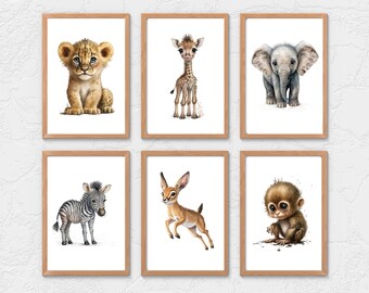 May include: Six framed watercolor prints featuring adorable baby animals: a lion cub, giraffe, elephant, zebra, gazelle, and monkey. Each animal is depicted in a charming, detailed style, perfect for a nursery or children's room.