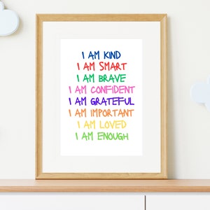 Affirmations for Kids, Rainbow Affirmations Print, I am Kind Smart Loved, Inspirational Nursery Decor, PRINTABLE Wall Art, bright colours