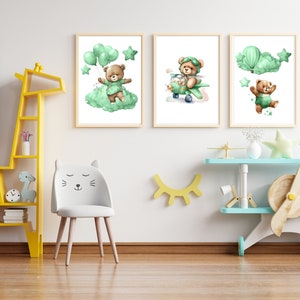 Set of 3 Teddy Bear Print, Bear Nursery Decor, Nursery Wall Decor, New Baby Printable, Green Nursery Poster, Green Aircraft Nursery Print