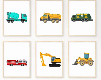 Set of 6 Vehicle Prints, Construction Wall Art, Transportation Print Nursery, Kids Gallery Wall Set, Truck Wall Art, Nursery Truck Prints