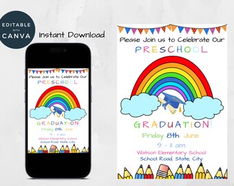 Preschool Graduation Invitation Template, Pre-K Kindergarten Class Graduation Announcement, Graduation Ceremony Invite Evite Editable