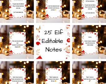 Op de afbeelding: Een verzameling van 25 Elf Editable Notes met kerstthema's. Elke kaart heeft feestelijke randen, vakantiegraphics en humoristische tekst. De kaarten zijn gerangschikt met gouden ornamenten en een vage achtergrond.