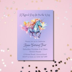Unicorns birthday invite for kids, Digital Invitation, Purple Horse Invitation, Purple Unicorn, Girl Invite, Personalised Invite, editable