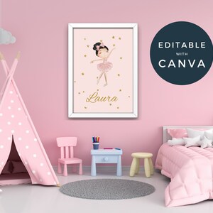 Ballerina Wall Art, Digital Download, Nursery Wall Print, Personalised Nursery Print, Kids Wall Art, Kids Name Print, Edit with Canva
