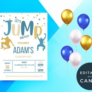 Editable Jump Invitation, Jump Birthday Invite, Jump Party, Trampoline Party, Let&#39;s Jump Party, Edit with Canva Birthday Invitation Template