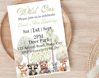 Wild One Invitation, Boho Woodlands Animal invite, First Birthday Invitation, Wild One Birthday,  Editable, Woodland Animals Invitation