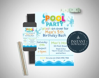 Op de afbeelding: Een blauwe en witte poolparty-uitnodiging met de tekst "Pool Party" in kleurrijke letters. De uitnodiging bevat details voor Max' 5e verjaardagsfeest, inclusief de datum, tijd, locatie en RSVP-informatie. De uitnodiging bevat ook een blauw en wit golfontwerp.