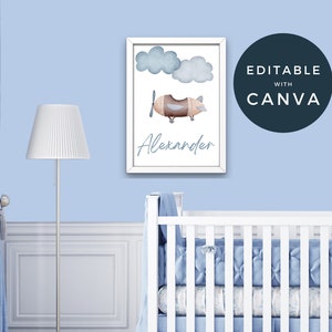 Aeroplane Wall Art, Digital Download, Nursery Wall Print, Editable Nursery Print, Kids Wall Art, Kids Name Print, Aeroplane Print