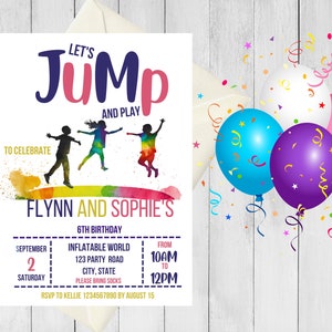 Twin Jump Invitation, Jump Birthday Invite, Jump Party, Trampoline Party, Let&#39;s Jump Party, Edit with Canva Birthday Invitation Template