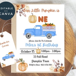 Fall Birthday Invitation Boy, Blue Pumpkin Truck Invite, 1st Birthday Blue Truck, Fall Birthday Invitation, Editable, Autumn Birthday Party