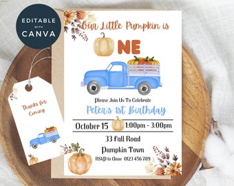 May include: A blue truck with a bed full of pumpkins. The truck is on a white background with the text "Our Little Pumpkin is One" and "Peter's 1st Birthday". The invitation also includes the date, time, address, and RSVP information.