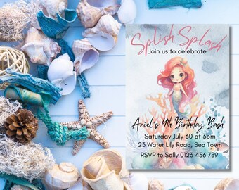 Mermaid 4th Birthday Invitation, Splish Splash Invite, Under the Sea, Editable template, Girls Fourth Birthday, Magical Sea Life, Pool Party
