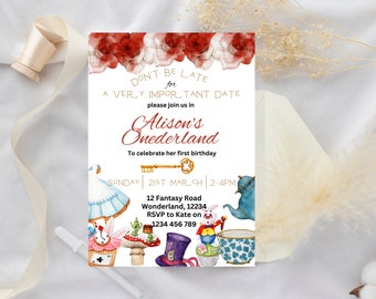 Alice in Wonderland Invitation Template, Alice in Onederland 1st Birthday Invite, Mad Hatter, Tea Party, EDITABLE Printable Instant Download