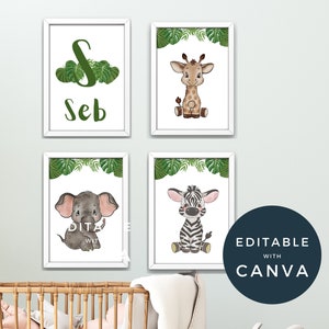 Jungle Animal Prints, Nursery Wall Decor, Digital Downloads, Editable Prints, Printable Name Art Jungle Animal Name Print Jungle Animals