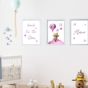 Set of 3 Teddy Bear Print, Bear Nursery Decor, Nursery Wall Decor, New Baby Printable, Pink Nursery Poster, Pink Name Nursery Print