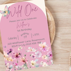 Wildflower First Birthday Invitation, Spring Floral 1St Birthday Invitation, Editable  Template, Boho Wild One Invite, Birthday Girl