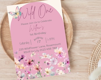 Wildflower First Birthday Invitation, Spring Floral 1St Birthday Invitation, Editable  Template, Boho Wild One Invite, Birthday Girl