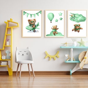 Set of 3 Teddy Bear Print, Bear Nursery Decor, Nursery Wall Decor, New Baby Printable, Green Nursery Poster, Green Aircraft Nursery Print