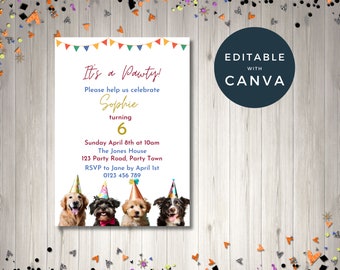 Druckbare Geburtstagseinladung mit Hunden, Hund Pawty bearbeitbare Geburtstagseinladung, Let's Pawty Invite Printable, Welpen Party Sofort-Download