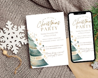 May include: A white Christmas party invitation with a gold and green watercolor illustration of a Christmas tree. The invitation includes the text "JOIN US FOR A CHRISTMAS PARTY" and details about the party, including the date, time, location, and RSVP information. The invitation also includes the text "Please bring a secret santa gift to share."