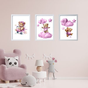 Set of 3 Teddy Bear Print, Bear Nursery Decor,Nursery Wall Decor,Baby Girl Print,New Baby Printable, Pink Nursery Poster, Pink Nursery Print