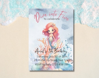 Mermaid 5th Birthday Invitation, Dive into Five Invite, Under the Sea, Editable template, Girls Fifth Birthday, Magical Sea Life, Pool Party